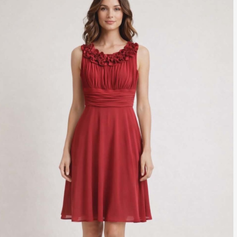 SIGNATURE BY SANGRIA Red Sleeveless Rosette Neckline Cocktail Dress Size 8 NWOT